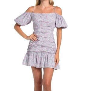NWT ASTR Ruched Off Shoulder Mini Dress Blue Pink Cottage Floral Size Medium NEW